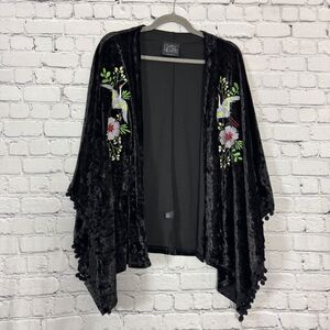 Gypsy Heart Black Velour Embroidered Kimono Open Poncho Women’s L Pom Pom Boho